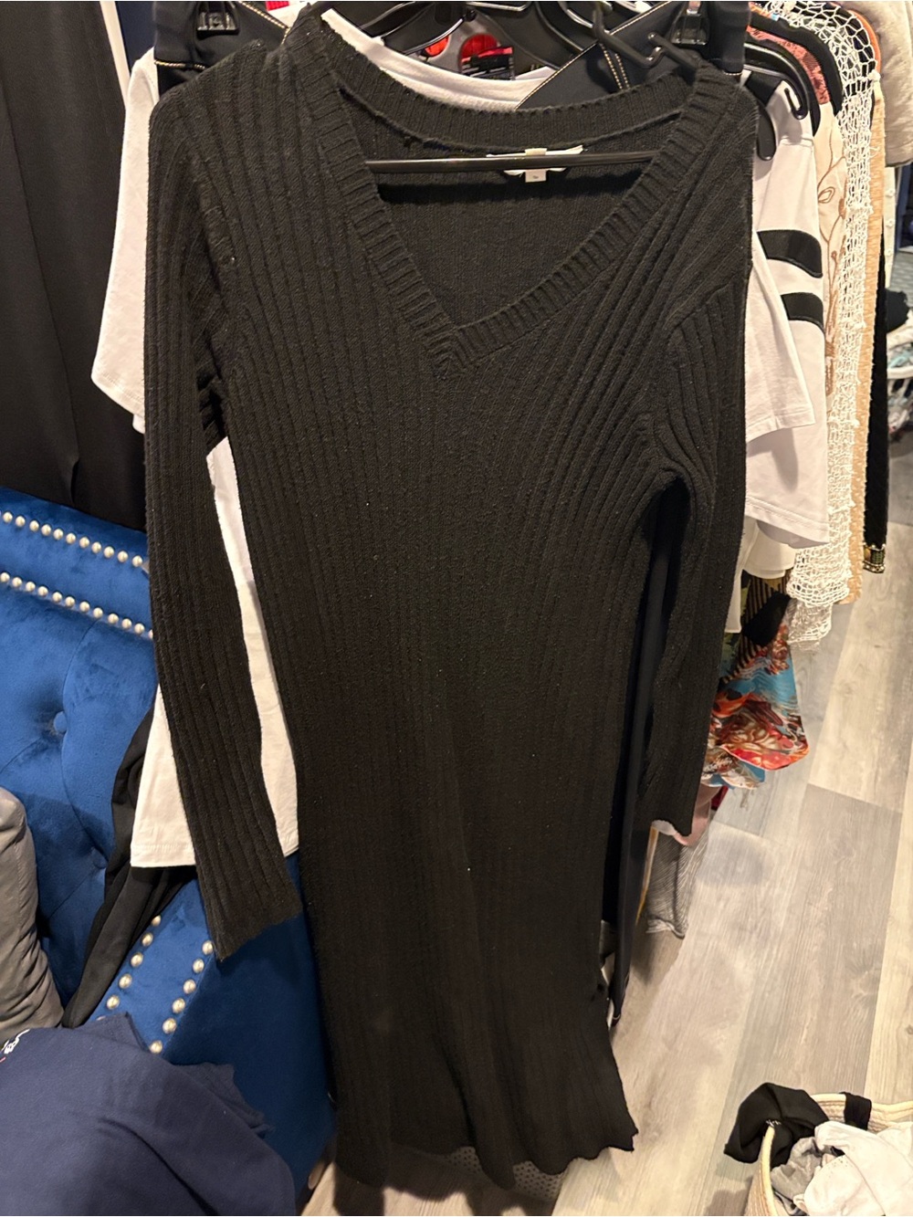 Terra & Sky Black Ribbed V-Neck Long Sleeve Dress